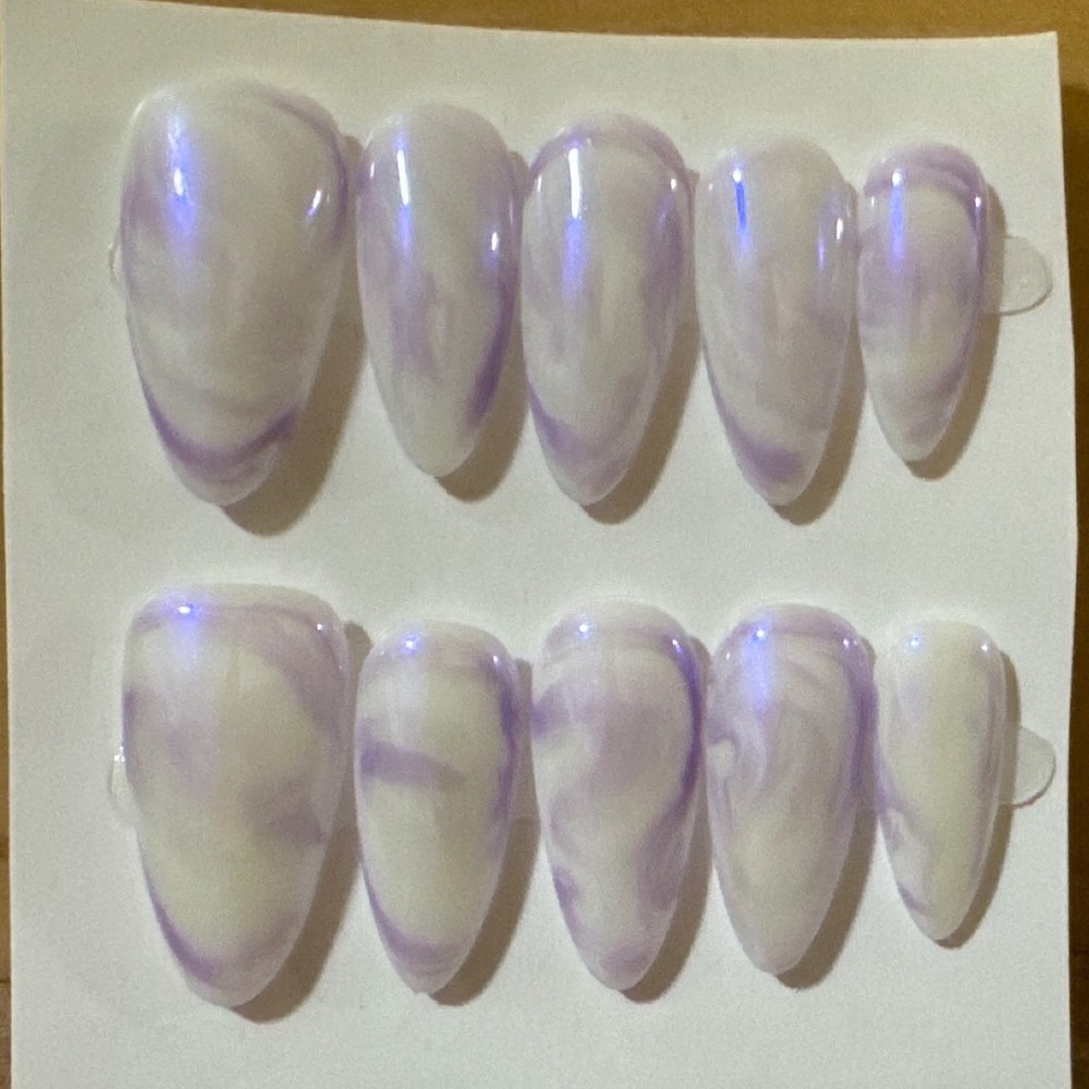 Purple and White Marble Press On Nails Almond Shape Glossy Finish 10 Piece Set